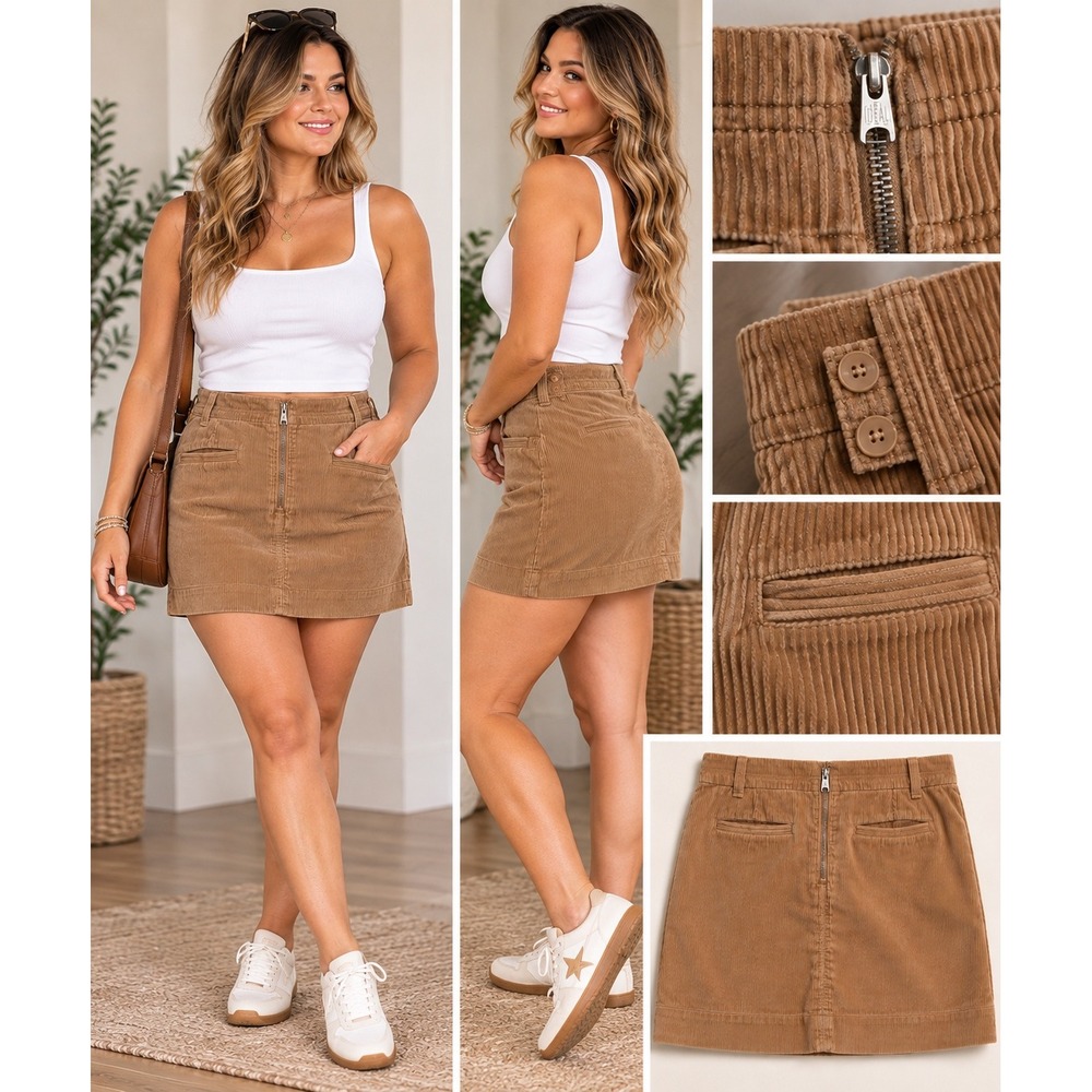 Ann Taylor LOFT Y2K Tan Brown Corduroy Mini Skirt Size 8 Back Zip Pocketed